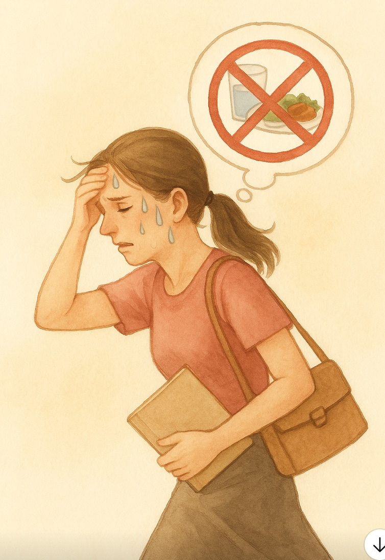 中度の熱中症の女性。頭痛と大量の汗。水分・食事不足のイメージを示すイラスト