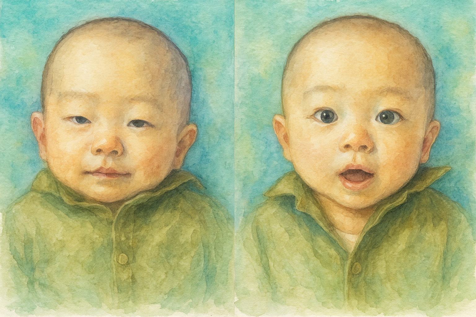 赤ちゃんの施術前後の表情変化（左：施術前／右：施術後）。顔のむくみが取れ、黒目が大きく見え、血色がよくなる様子。恵比寿 ヒカリ生気鍼灸の施術事例イラスト