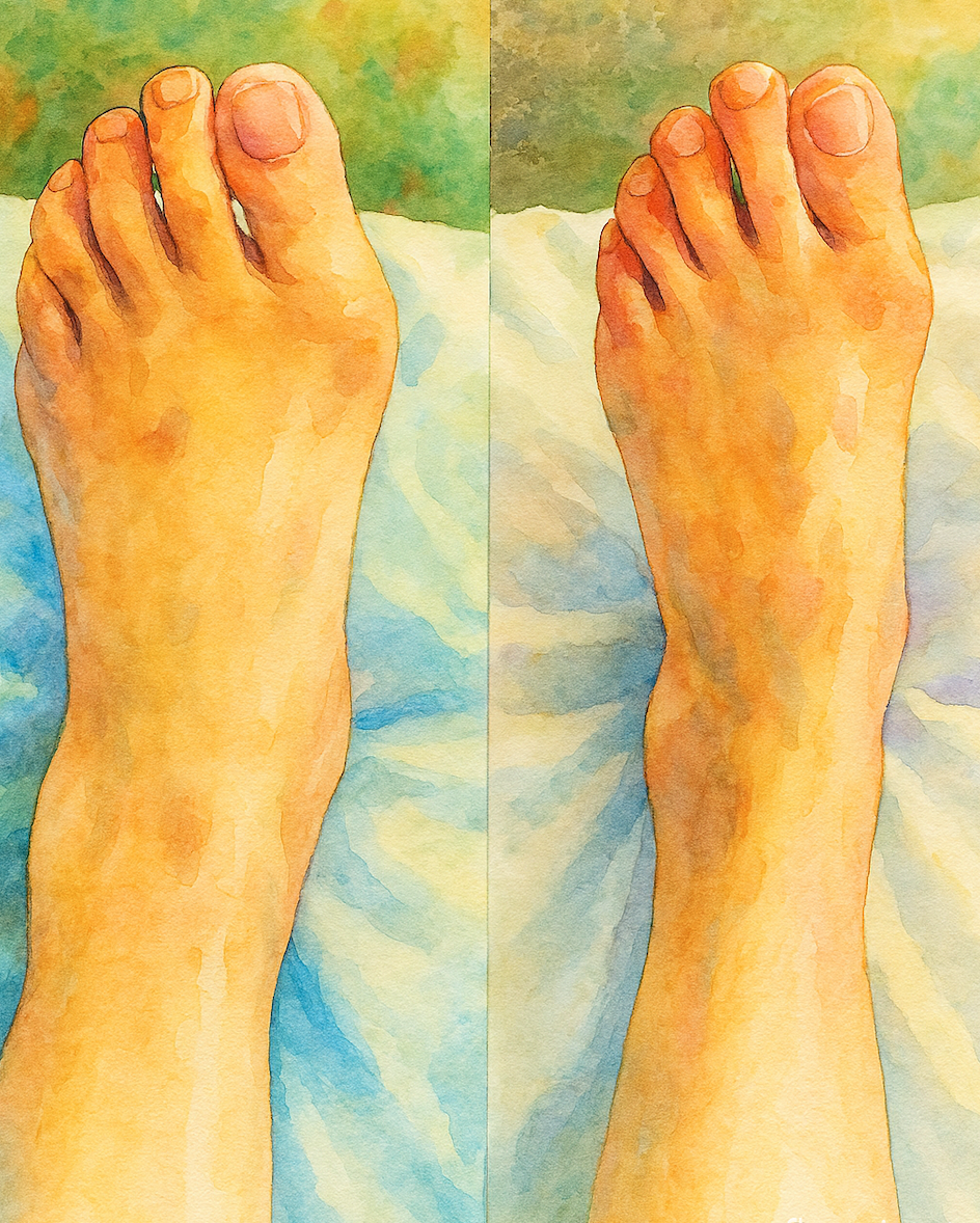 外反母趾の施術前後比較イラスト。恵比寿の鍼灸院で約1年半の経過で、親指の角度や各指の可動、足首の引き締まりなどの変化を確認。