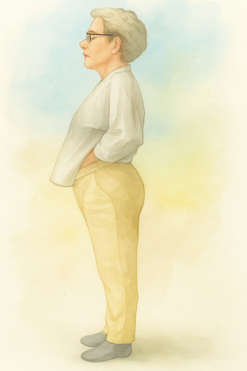 動作調律メソッドにより姿勢が変化した高齢女性の横姿。ヒップアップし背筋が伸びた美しい姿勢。