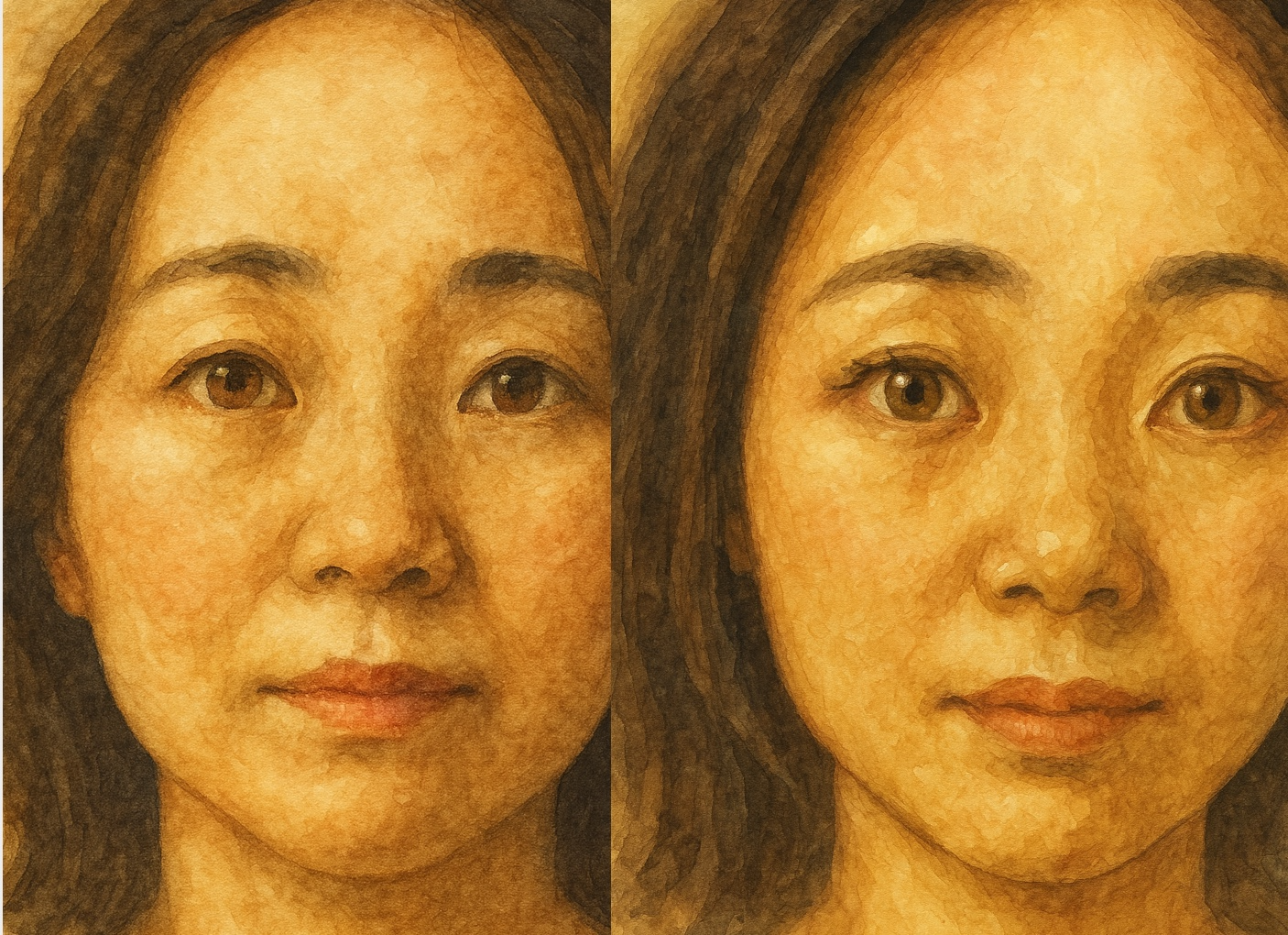 施術前後のイラスト比較（左：施術前／右：施術後）。疲れ目の改善でまぶたが自然に持ち上がり、目元の印象が明るくなる様子。