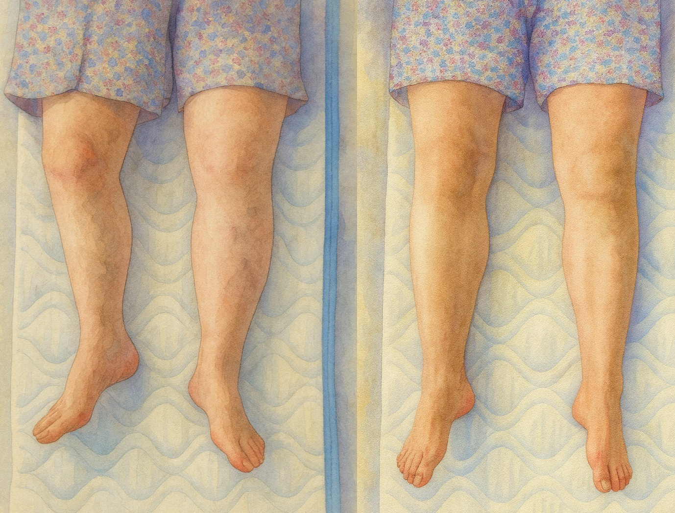 膝痛の原因：施術前は膝のお皿が外に傾き、施術後はまっすぐ上を向いて改善した様子