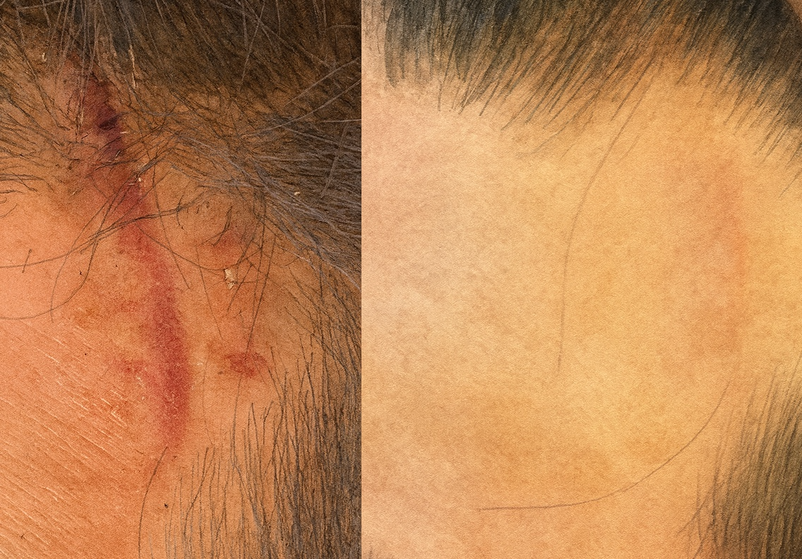 術後3日目と2か月後、それぞれの経過時点における額の傷跡イラスト