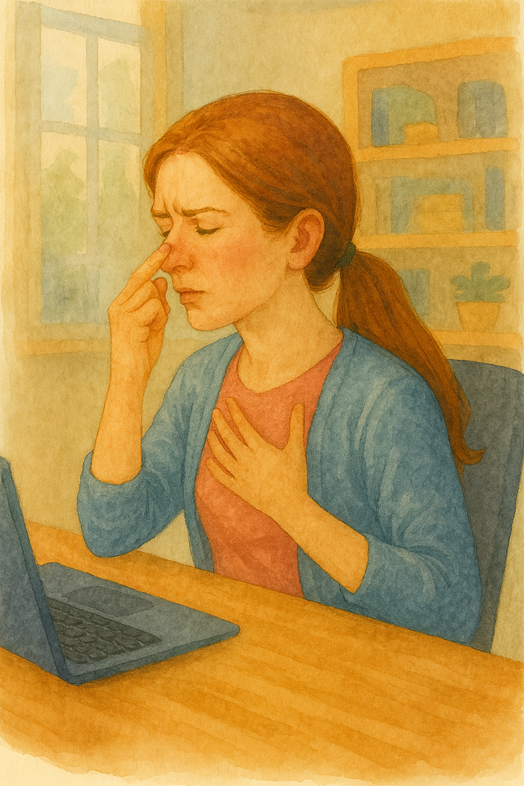 鼻づまりでつらそうな女性の水彩画イラスト