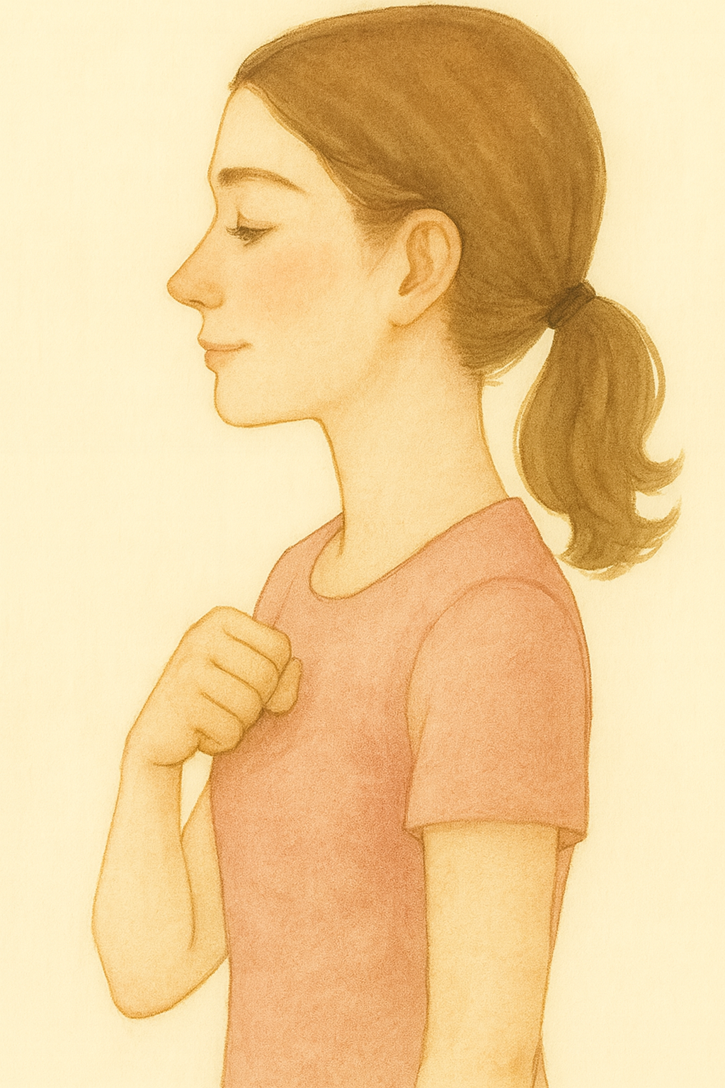 胸の真ん中をグーの手でトントンしている女性のイラスト（©ヒカリ生気鍼灸）