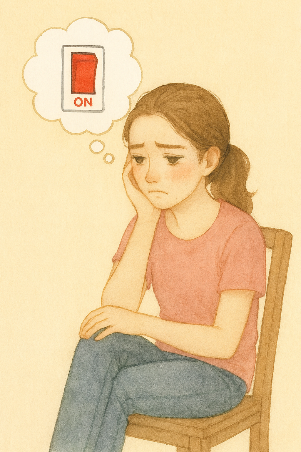 オフィスの椅子に座る当院モデルの水彩イラスト。頭の横にやる気スイッチを連想する吹き出し。
