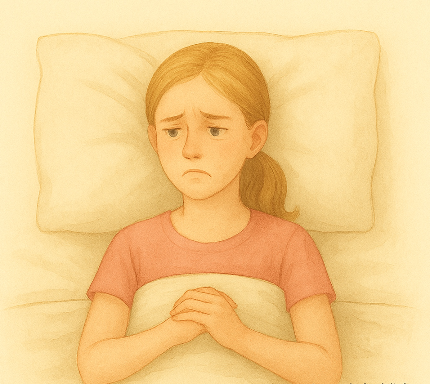 布団の中で眠れずに困っている女性のイラスト。内臓ケアで深い眠りへ導く当院の施術イメージ