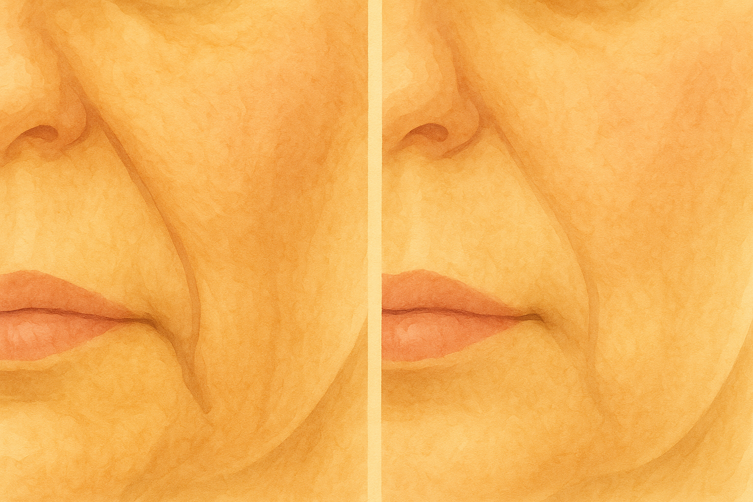 当院モデル女性のほうれい線イラスト。血流や靭帯の柔軟性が変わると表情の影がどう見えるかを示すイメージ。