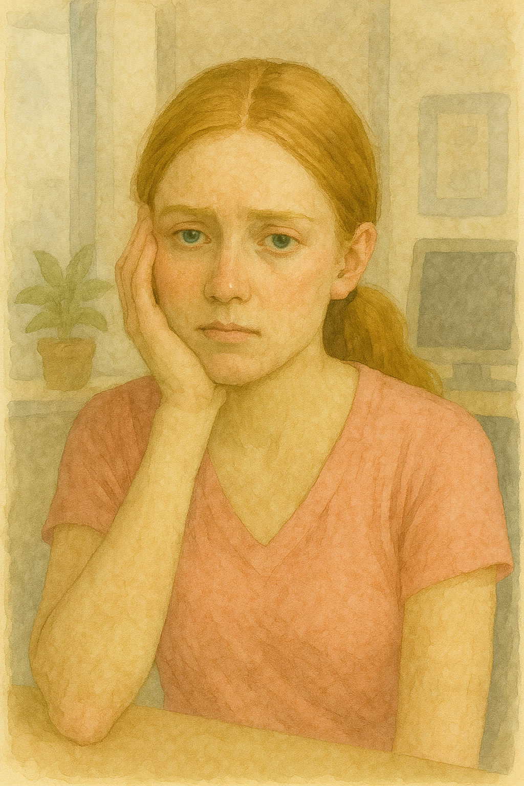 オフィスでだるさを感じる20代女性の水彩画。淡いピンクのTシャツで頬杖をつき、疲れた表情をしている。