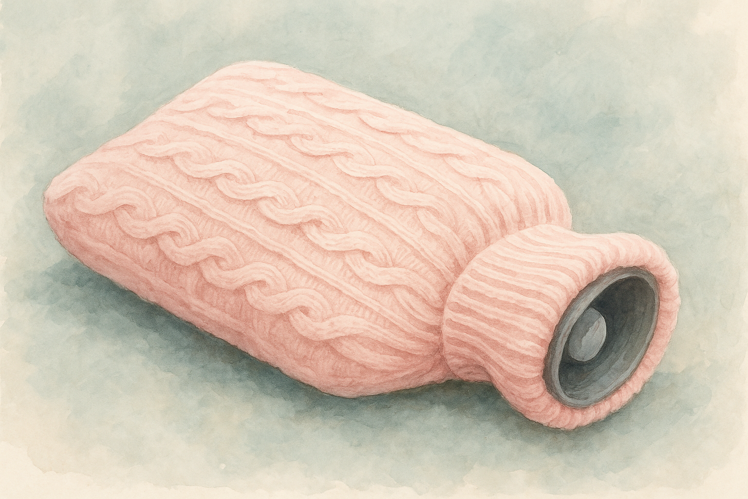 湯たんぽで足先の冷えを温めている女性のイラスト。眠る前の冷え対策をイメージした画像。