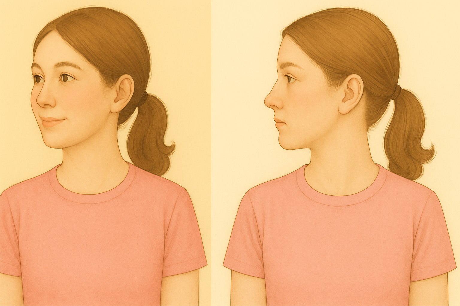 首の可動域のビフォーアフターのイラスト（施術前と施術後）