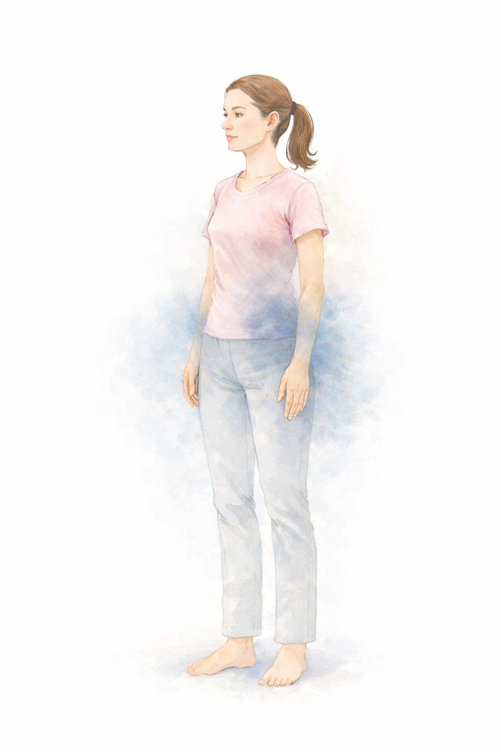 下半身の冷えを連想させる立ち姿の水彩イラスト（薄いピンクのTシャツと薄いグレーのパンツ）