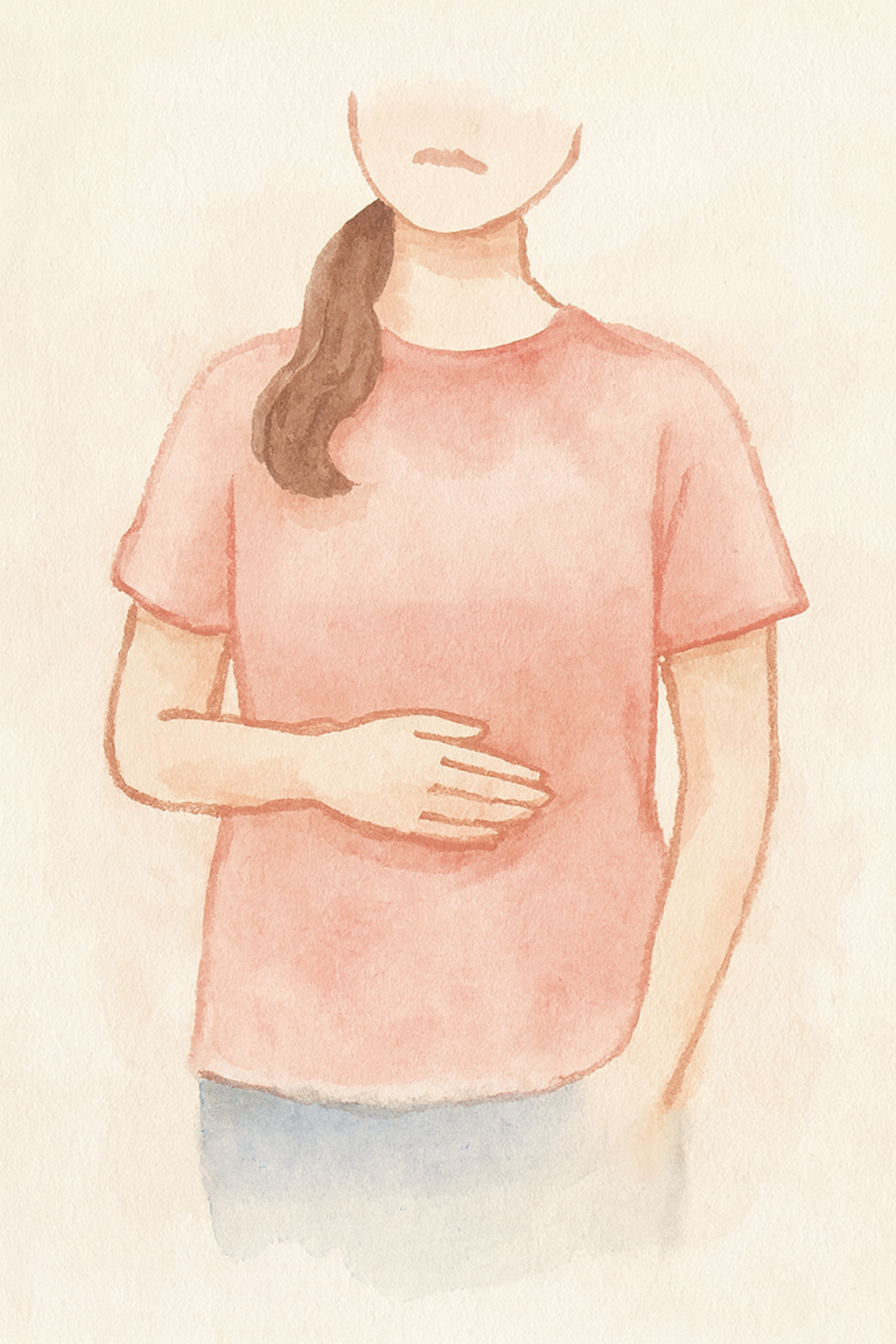 腹部に手を当て、自分の体の状態を考えている女性の水彩画イラスト