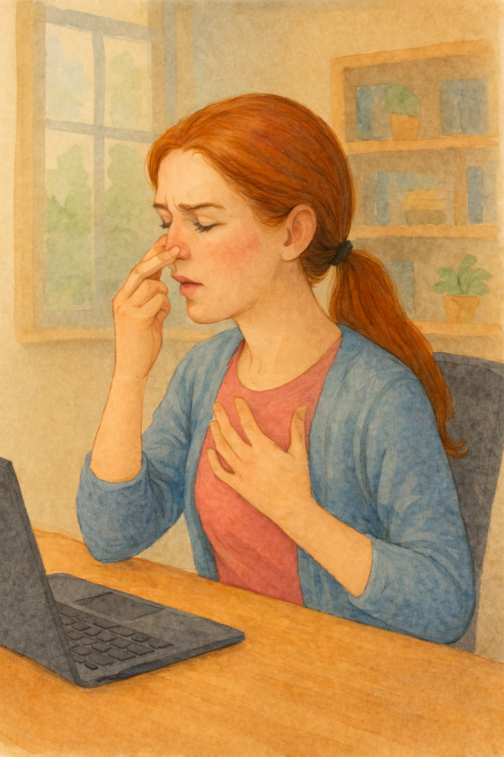 仕事中に鼻づまりを感じ、胸に手を当てて呼吸の浅さに気づく女性のイラスト（水彩画）