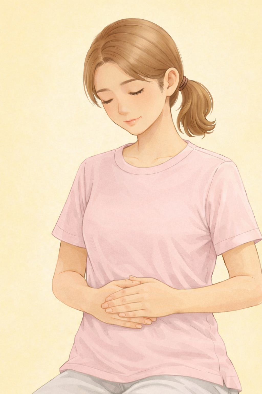 おへそに手を当てて体の中心に意識を向ける女性のイラスト｜足先の冷えと内臓の働きの関係｜恵比寿・ヒカリ生気鍼灸