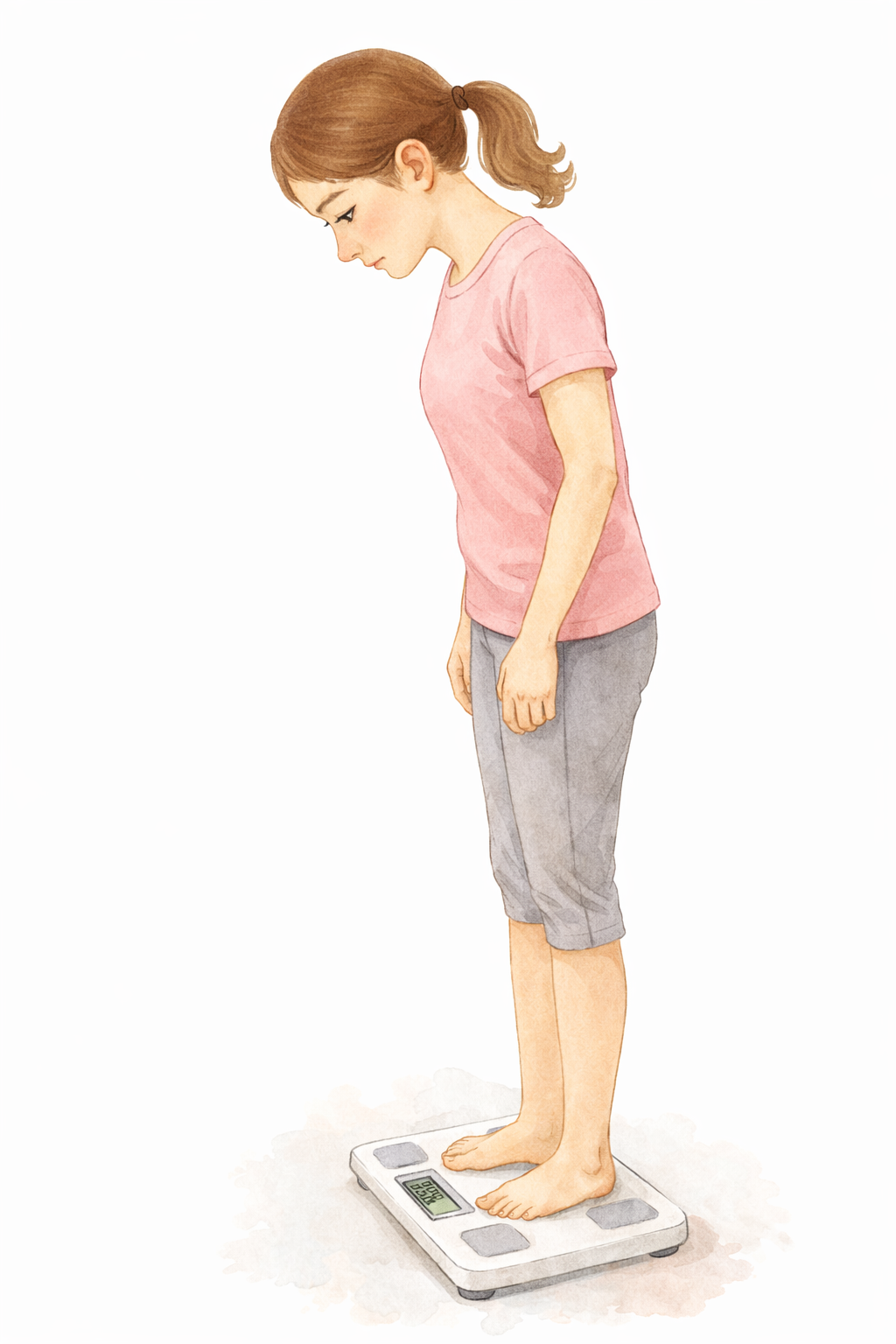 体重が落ちず悩むピンクシャツの女性 水彩イラスト