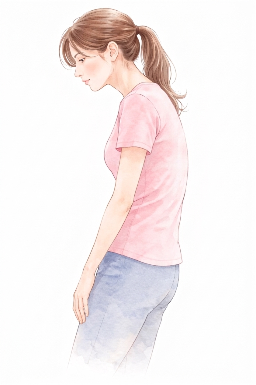 腰と肋骨の位置と体の構造を示す女性のイラスト