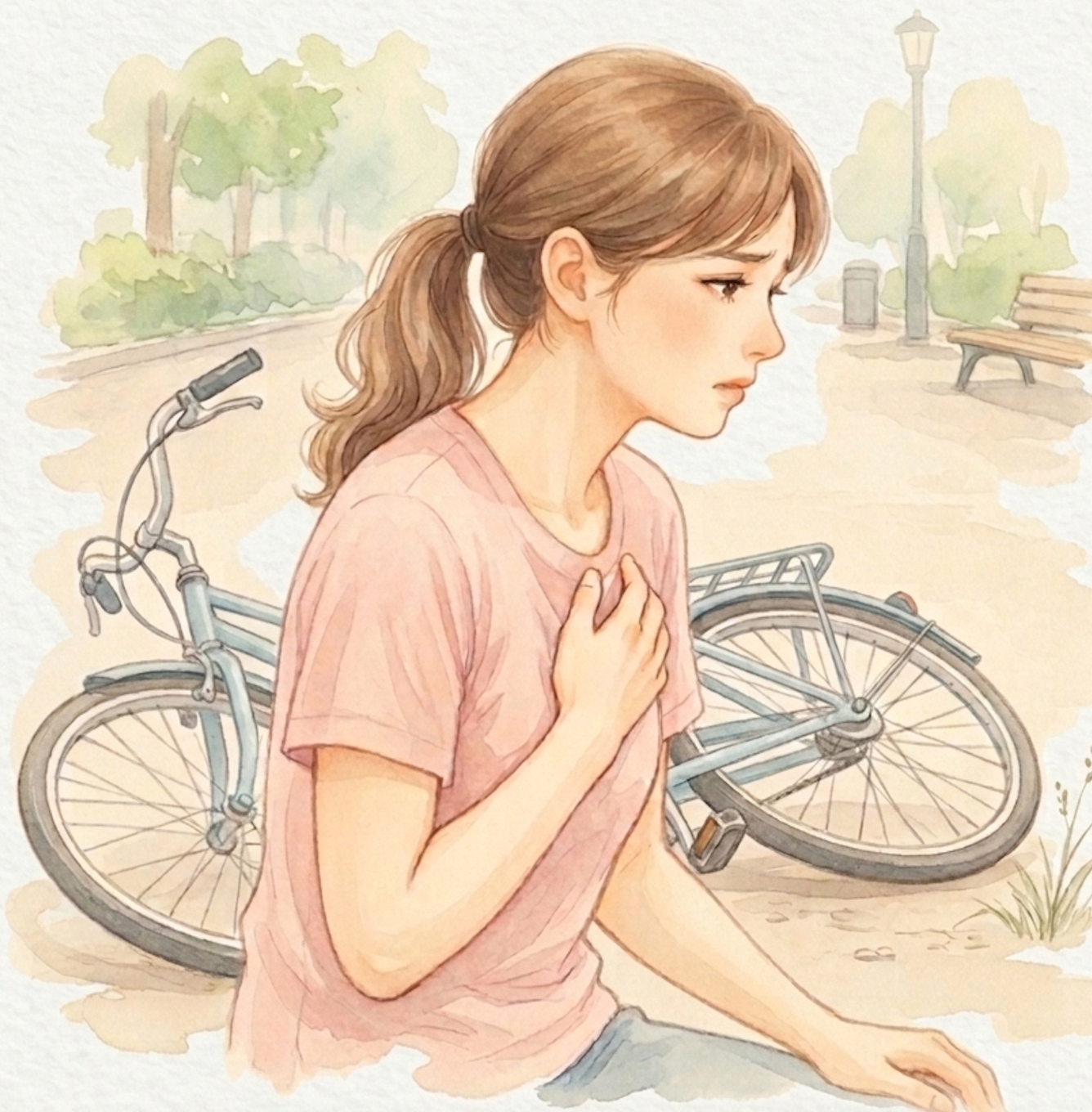 自転車で転倒して胸を打ち、胸の痛みを気にしている女性のイラスト