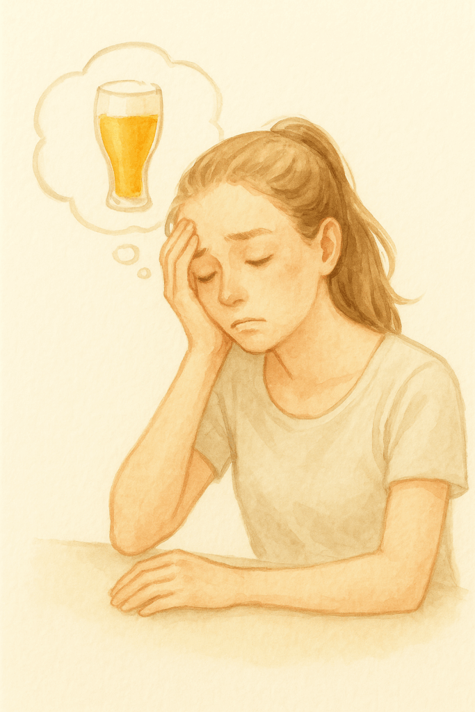 二日酔いの若い女性が頭を押さえて悩む様子。思考バルーンにビールグラスを連想しているイラスト。恵比寿の鍼灸院ヒカリ生気鍼灸による二日酔い女性の画像。