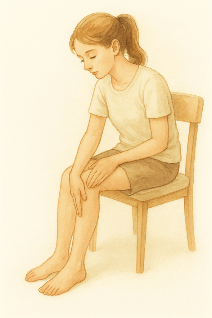 椅子に座り、膝下にある足三里のツボの位置に手を添えて確認する女性のイラスト。恵比寿の女性専用鍼灸院・ヒカリ生気鍼灸のブログ用素材。