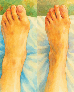 外反母趾の施術前後の比較イラスト。恵比寿の鍼灸院で1年半かけて痛みと変形が改善した様子。