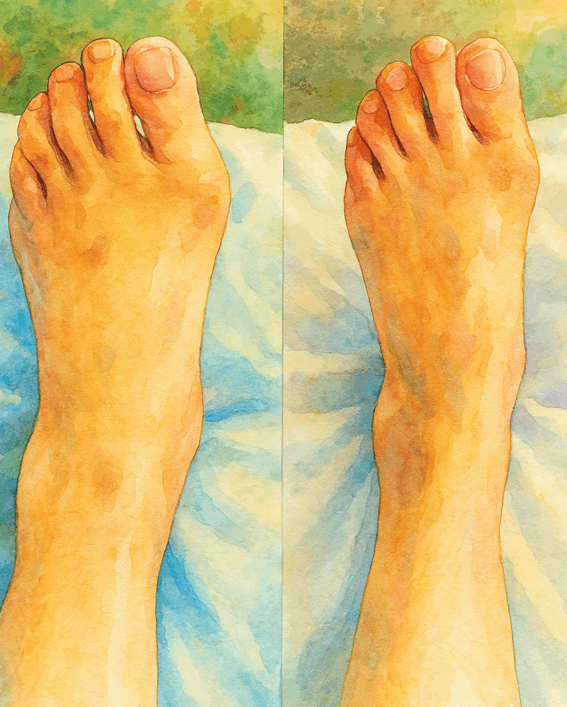 外反母趾の施術前後の比較イラスト。恵比寿の鍼灸院で1年半かけて痛みと変形が改善した様子。